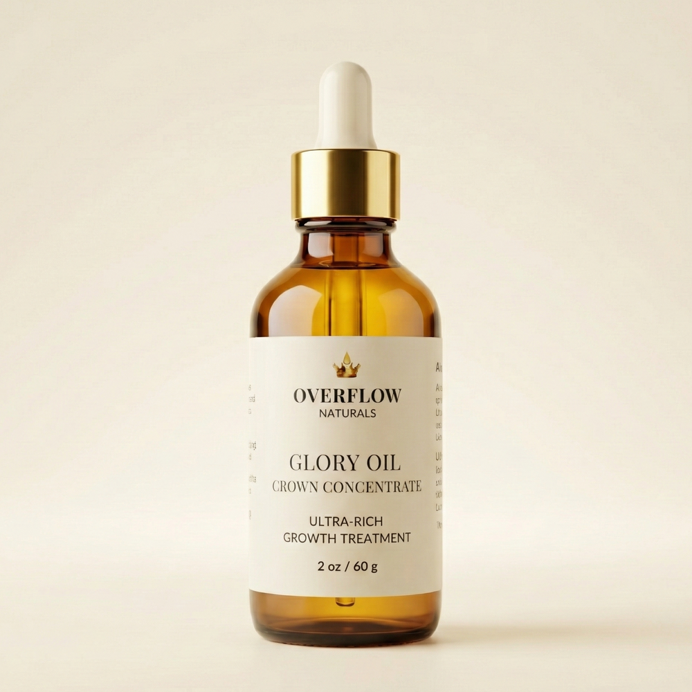 Bottle of 'Overflow Naturals Glory Oil' on a beige background
