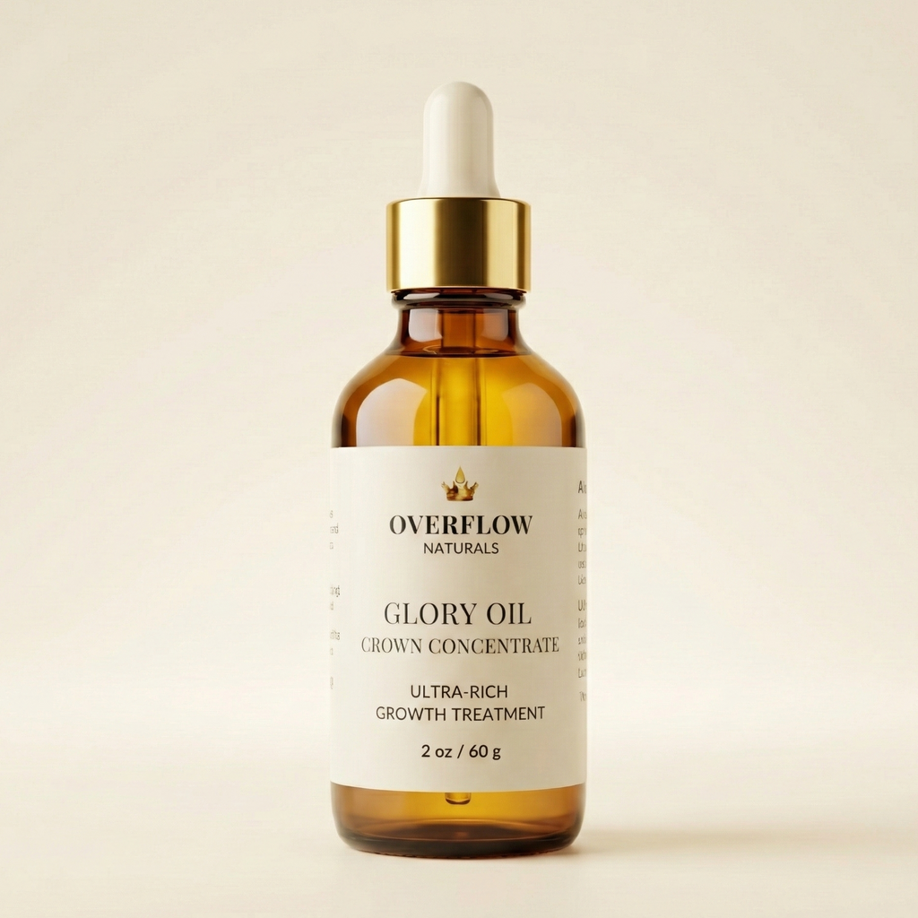 Bottle of 'Overflow Naturals Glory Oil' on a beige background