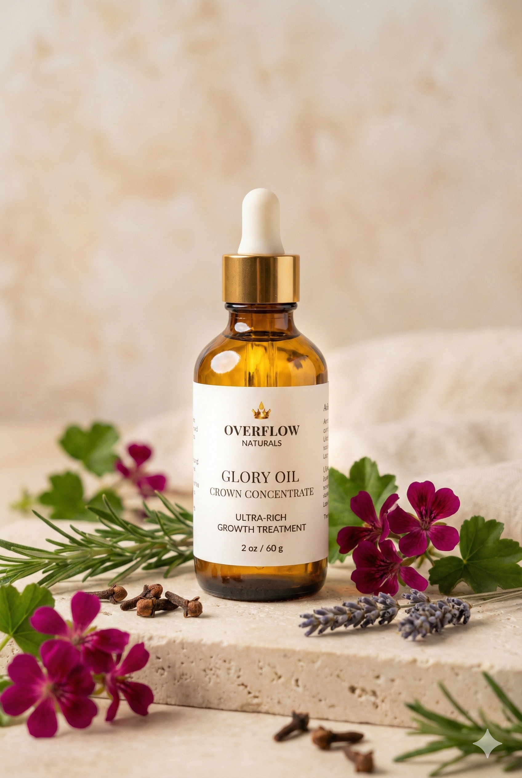 Bottle of Overflow Naturals Glory Oil with flowers and herbs on a light background
