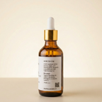 Brown glass dropper bottle with a white label on a beige background